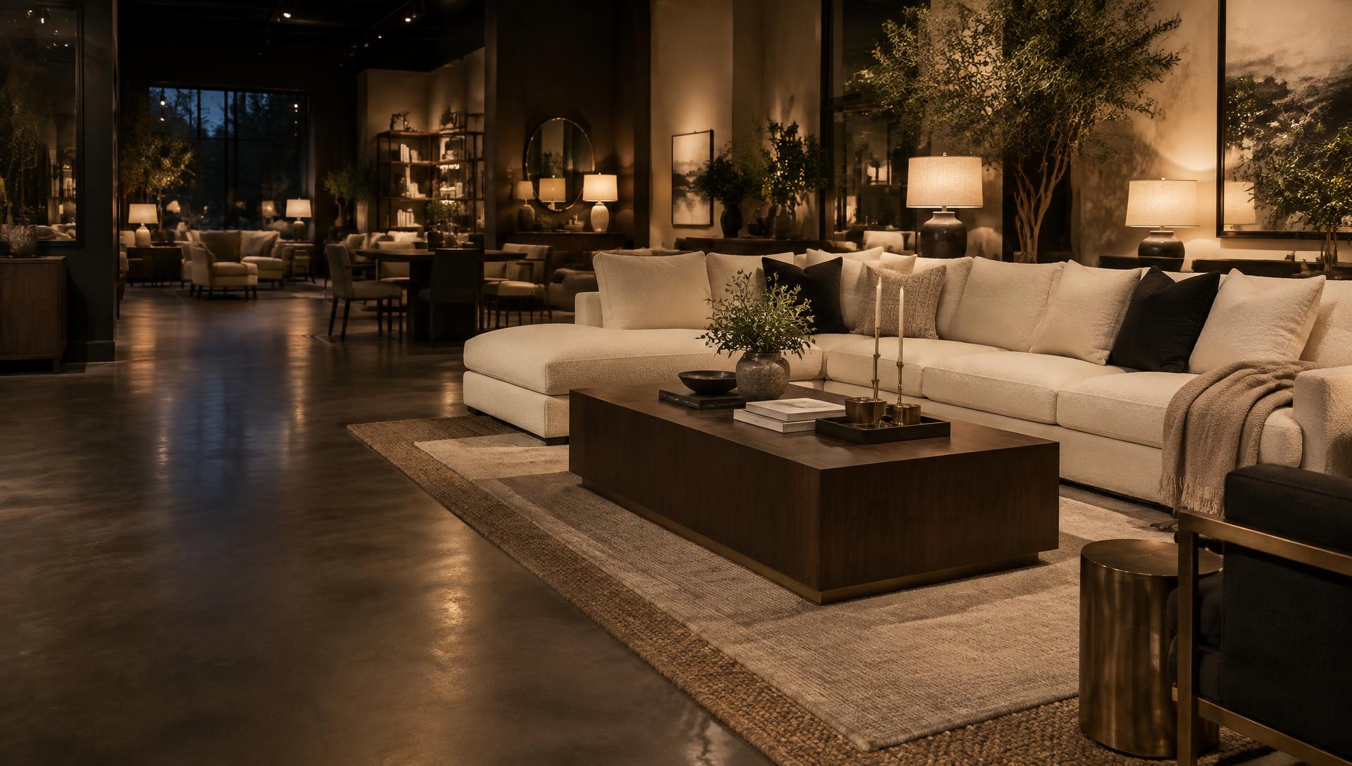 Furniture showroom with a cream sectional sofa
